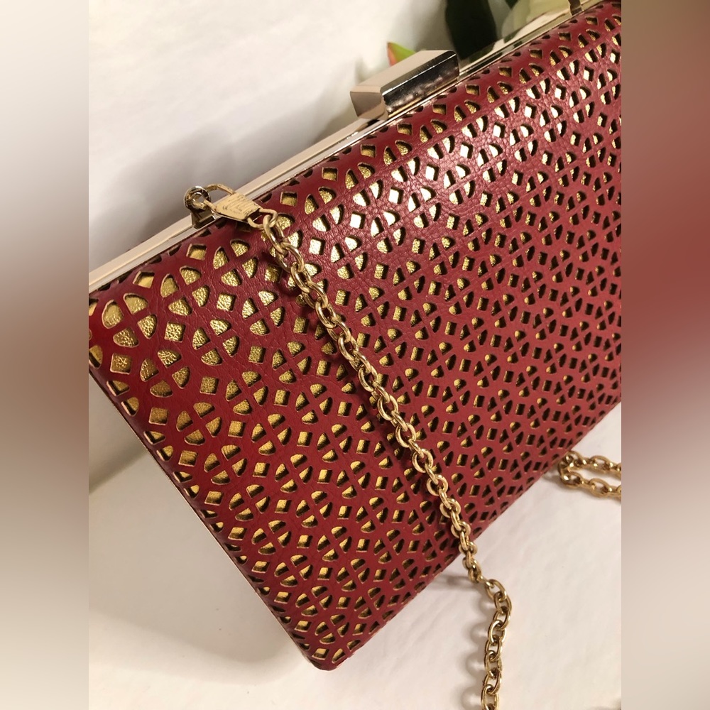 Red & Gold Geometric Cutout Clutch with Chain - Picture 11 of 11